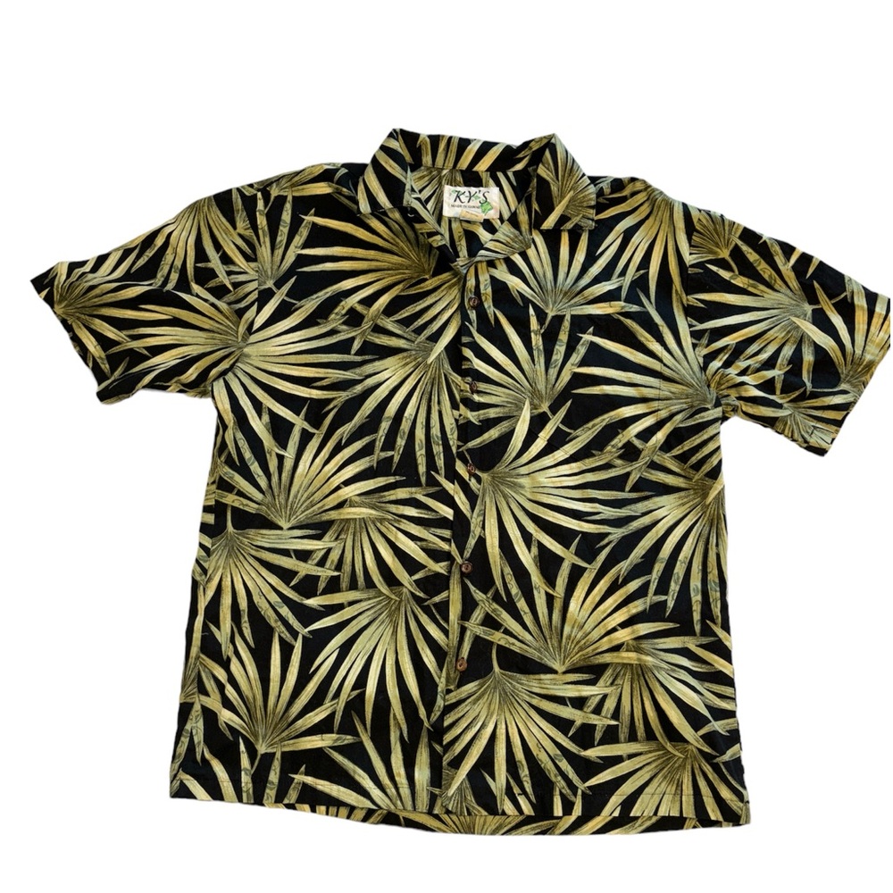 Ky's Hawaiian Shirt Palm Leaf Fever Black & Green Tropical Aloha Camp Shirt M